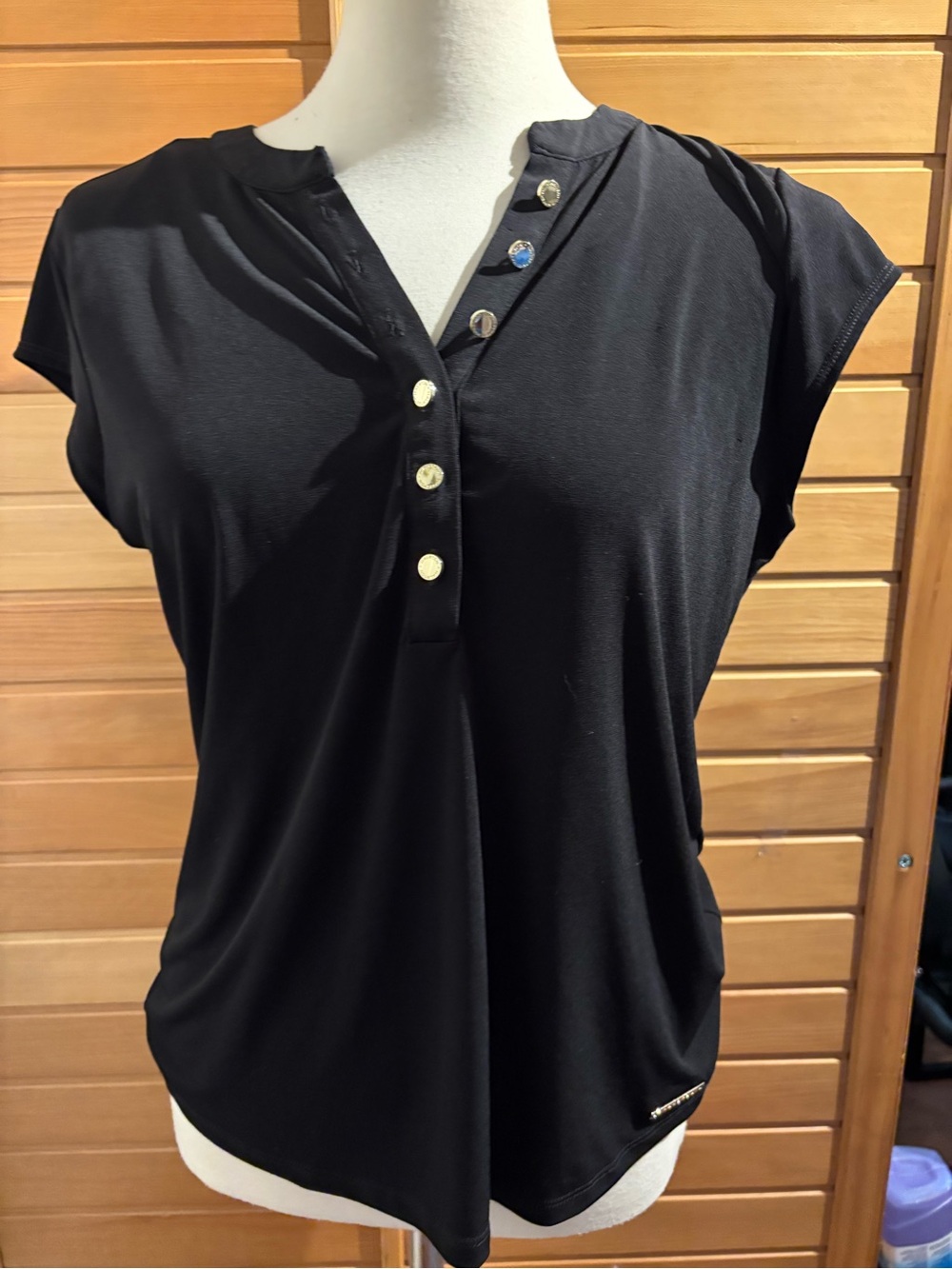 Halston Heritage Black Cap Sleeve Button-Front Top